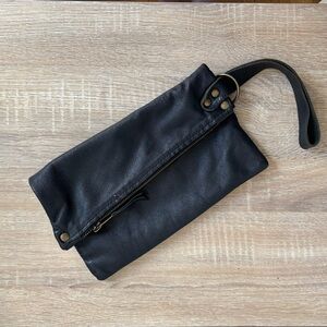 Black Fold‑Over Clutch, Upcycled Vintage Leather